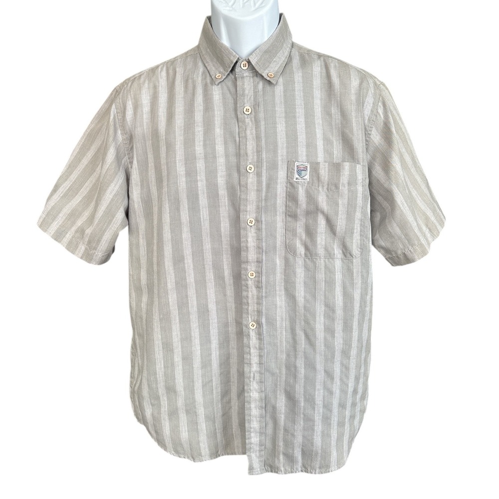 Vintage Brittania Gray Striped Short Sleeve Button up Shirt, Men's Medium, Retro